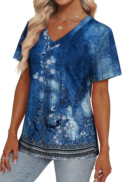 Alaroo Womens Summer Tops 2026 V Neck Short Sleeve Shirts Trendy Dressy Casual Vacation Outfits Printed