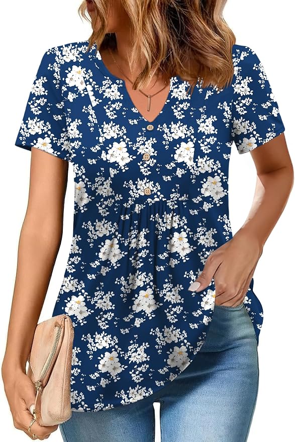 Zeagoo Womens Short Sleeve Tops Summer Henley V-Neck Tshirts Casual Pleated Blouse Dressy Loose Floral Basic Tee