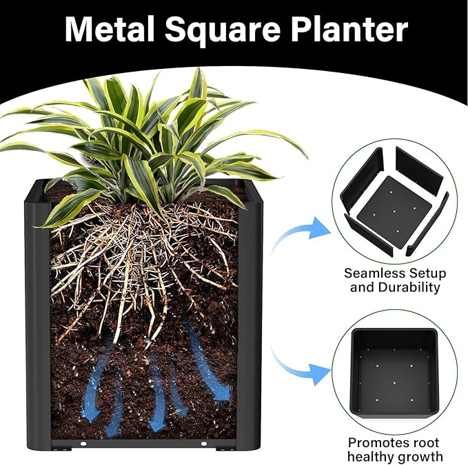Large Metal Square Planter 20" L x 20" W x 20" H, Black Large Outdoor Planters with Drainage Hole for Porch/Patio/Garden