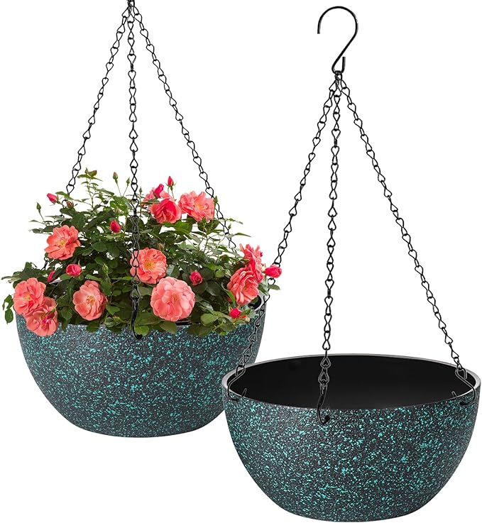 10 inch Hanging Planters for Indoor Plants, 2 Pack Planters for Outdoor Plants with Drainage Holes and Chain, Round Plastic Hanging Baskets, Hanging Flower Pots for Balcony Garden Decor-Black Speckle