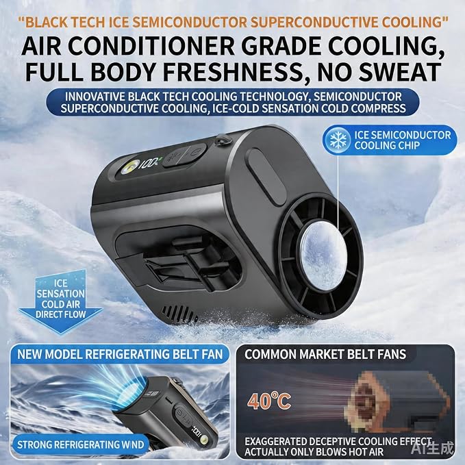 2026 AI Wearable Waist/Neck Hanging Fan,with Ice Cooler & Flashlight,10000mAh Rechargeable Clip On Belt Cooling Fan, 100-Speed 16000RPM Personal Body Fan,25H Work Time for Outdoor, Jobsite,Camping