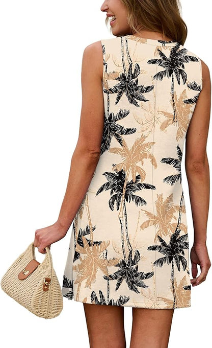 WIHOLL Casual Dresses for Women Crewneck Sleeveless Tank Dress Summer Spring Boho Vacation Clothes