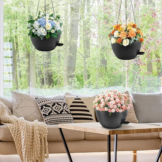 10 inch Hanging Planters for Indoor Plants, 3 Pack Self-Watering Hanging Planter Pots with Chain and Drainage Holes, Outdoor Plastic Hanging Baskets for Garden Home Decor (Black, 3pcs/10inch)