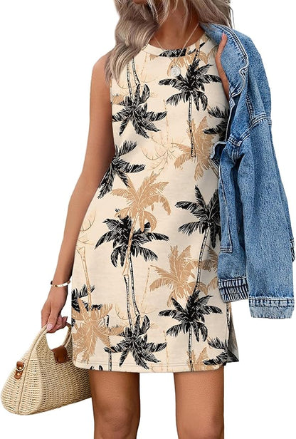 WIHOLL Casual Dresses for Women Crewneck Sleeveless Tank Dress Summer Spring Boho Vacation Clothes