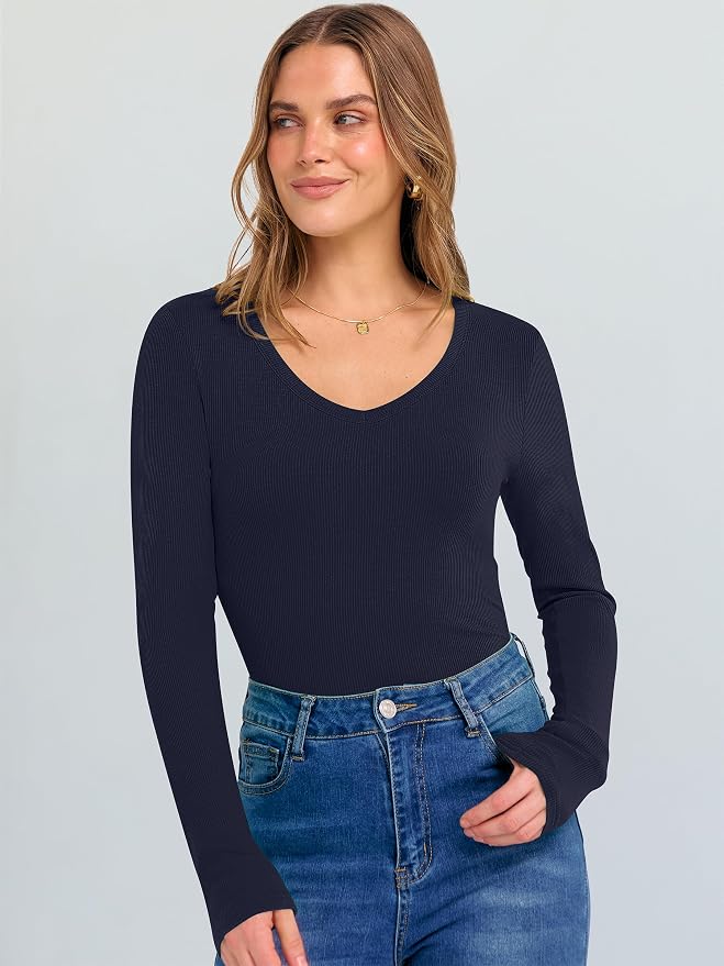 ANRABESS Long Sleeve V Neck Shirts for Women | Soft Comfy Ribbed Knit Fitted Tshirts, Casual Going Out Tops, 2026 Trendy Basic, Fall Winter Underscrub Layering Clothes