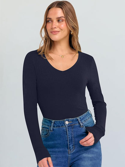 ANRABESS Long Sleeve V Neck Shirts for Women | Soft Comfy Ribbed Knit Fitted Tshirts, Casual Going Out Tops, 2026 Trendy Basic, Fall Winter Underscrub Layering Clothes
