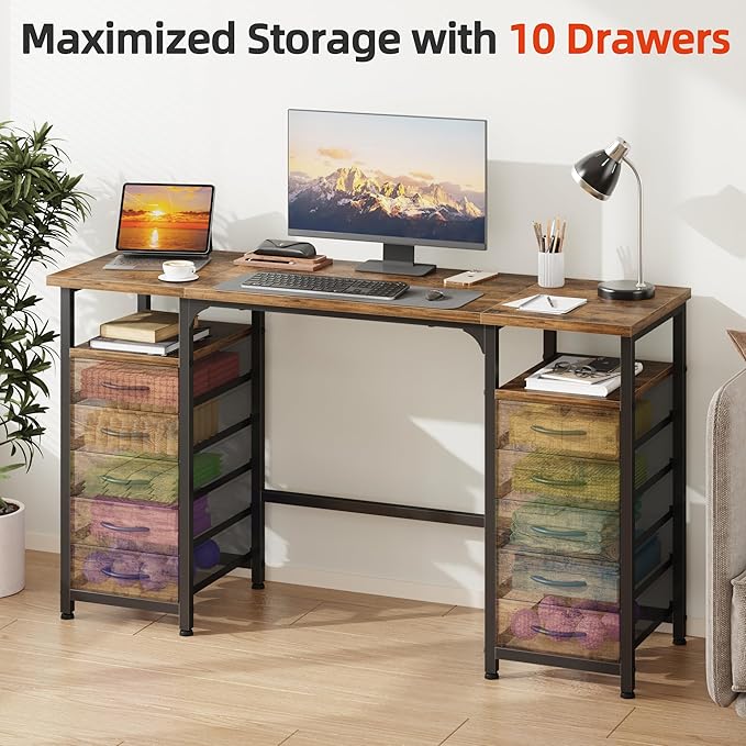 Desk with 10 Fabric Drawers Classified Organizer - 55"/140 Office Desks with Ample Storage, Computer Work Desk Study Writing Table Workstation for Home Office Space Brown