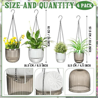 Maxcheck 4 Pcs Self Watering Hanging Planters Indoor Gift 6.5'' 4.5'' Hanging Flower Pots Baskets Outdoor Self Watering Plant with 3hooks Drainage Holes for Home(Grey,Clear)