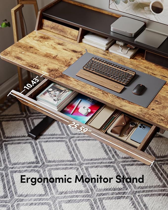 BANTI 48 x 24 Inch Electric Standing Desk with 3 Drawers, Adjustable Height Stand Up Desk, Sit Stand Home Office Desk with Storage Shelf, Rustic Brown Top