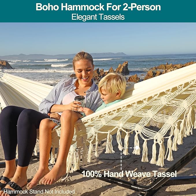JoyView Boho Macrame Double Hammock with Hanging Ropes & Elegant Tassels 86.6x59 Portable Cotton Hammock for Patio Backyard Porch 450LBS Weight Capacity Perfect for Outdoor/Indoor - Beige Color