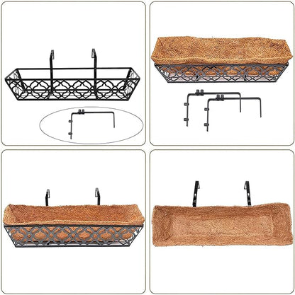 6pcs 24 Inch Window Deck with Coco Liner, 24" Window Boxes Horse Trough with Coconut Coir Liner, Metal Hanging Flower Planter Window Basket Deck Railing Planter Boxes for Outdoor Indoor Lawn