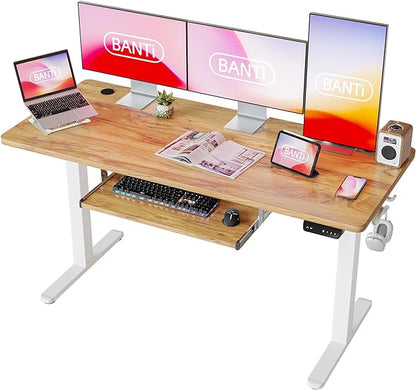 BANTI 63" x 24" Height Adjustable Electric Standing Desk with Keyboard Tray, Sit Stand up Desk with Splice Board, White Frame/Light Rustic Brown Top