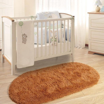 Merelax Soft Shaggy Rug for Kids Bedroom Oval 2.6'x5.3' Khaki Plush Fluffy Carpet for Living Room, Furry Carpet for Teen Girls Room, Anti-skid Fuzzy Comfy Rug for Nursery Decor Cute Baby Play Mat