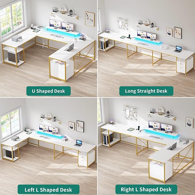 YITAHOME U Shaped Desk with Power Outlets & LED Lights, 79" Reversible L Shaped Desk with Drawers, Corner Computer Desk Office Desk with Monitor Stand & Storage Shelves, White & Gold