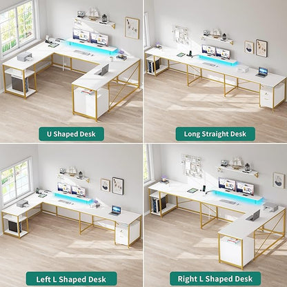 YITAHOME U Shaped Desk with Power Outlets & LED Lights, 79" Reversible L Shaped Desk with Drawers, Corner Computer Desk Office Desk with Monitor Stand & Storage Shelves, White & Gold