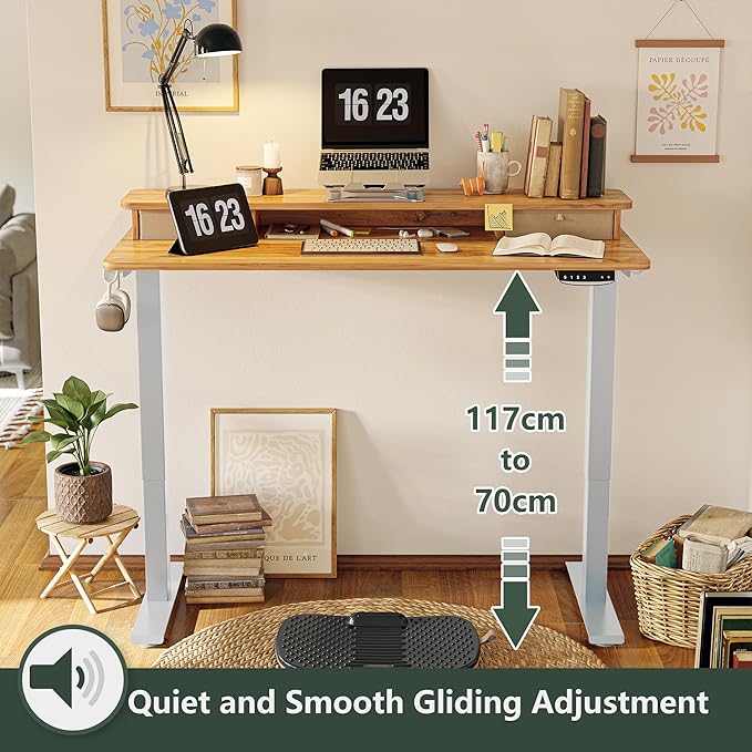 FEZIBO 60 x 24 Inch Height Adjustable Electric Standing Desk with Double Drawer, Stand Up Desk with Storage Shelf, Sit Stand Desk, Light Rustic