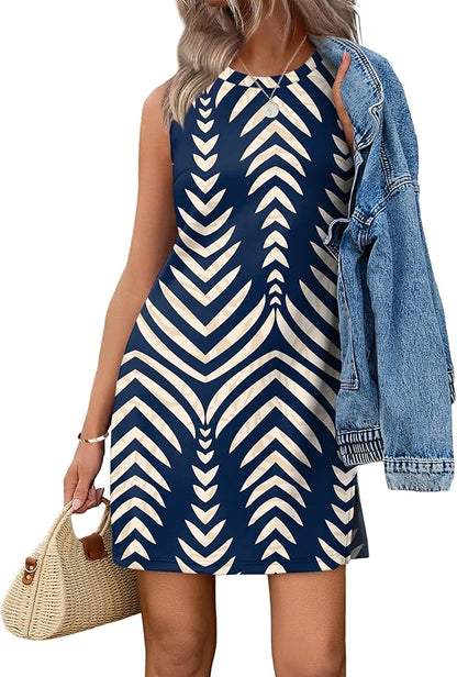 WIHOLL Casual Dresses for Women Crewneck Sleeveless Tank Dress Summer Spring Boho Vacation Clothes