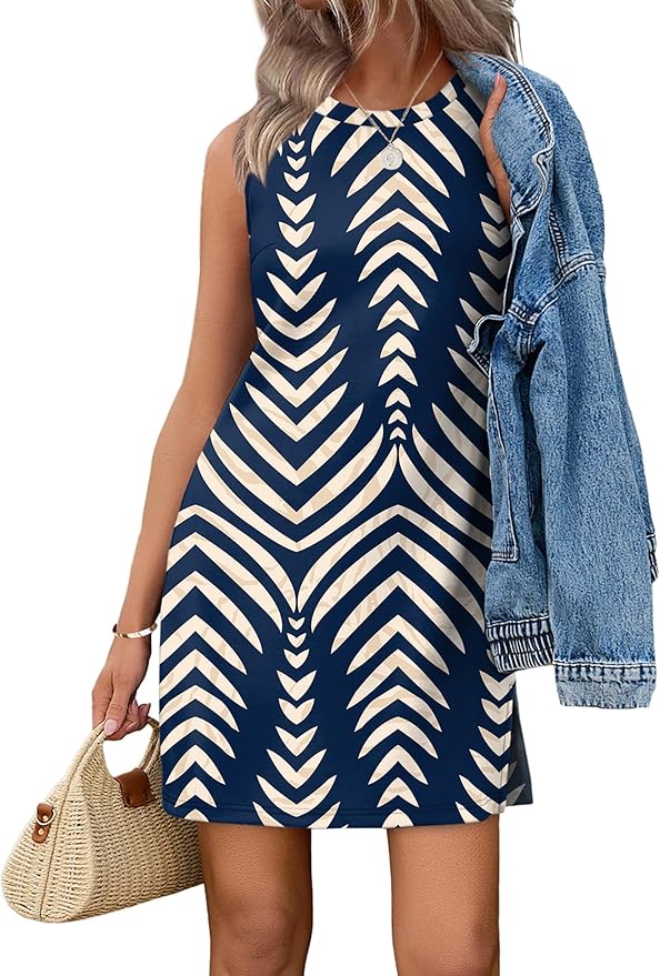 WIHOLL Casual Dresses for Women Crewneck Sleeveless Tank Dress Summer Spring Boho Vacation Clothes