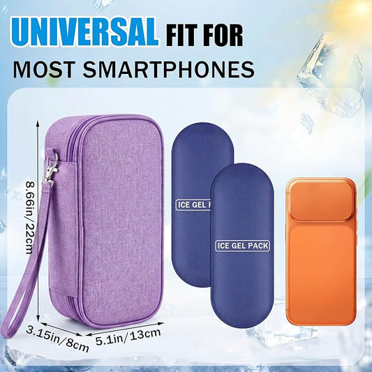 Phone Cooler Bag for Beach, Portable Phone Cooling Pouch with 2 Reusable Ice Packs, Keeps Cool in Extreme Heat for Car Pool Hiking, Extends Battery Life, Fits All Smartphones(Purple,Fabric)