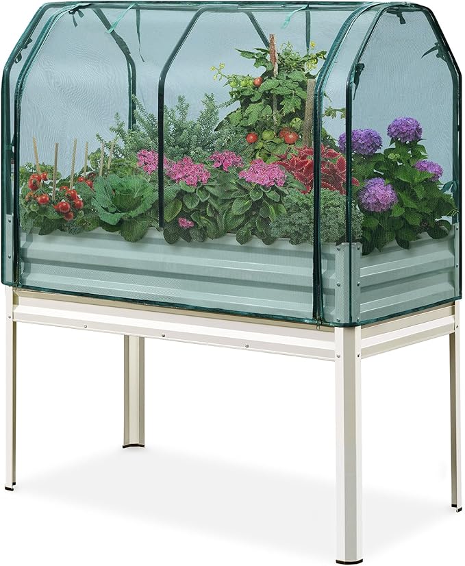 King Bird Large Raised Garden Bed with Netting Galvanized Elevated Planter Box with Legs 48×24×56 in for Backyard, Patio, Balcony, 400lb Capacity, Beige