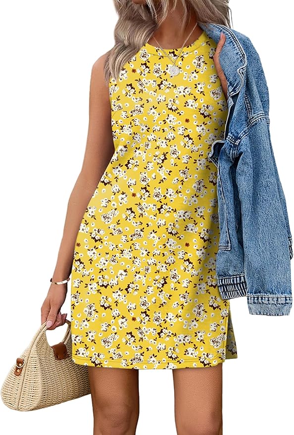 WIHOLL Casual Dresses for Women Crewneck Sleeveless Tank Dress Summer Spring Boho Vacation Clothes