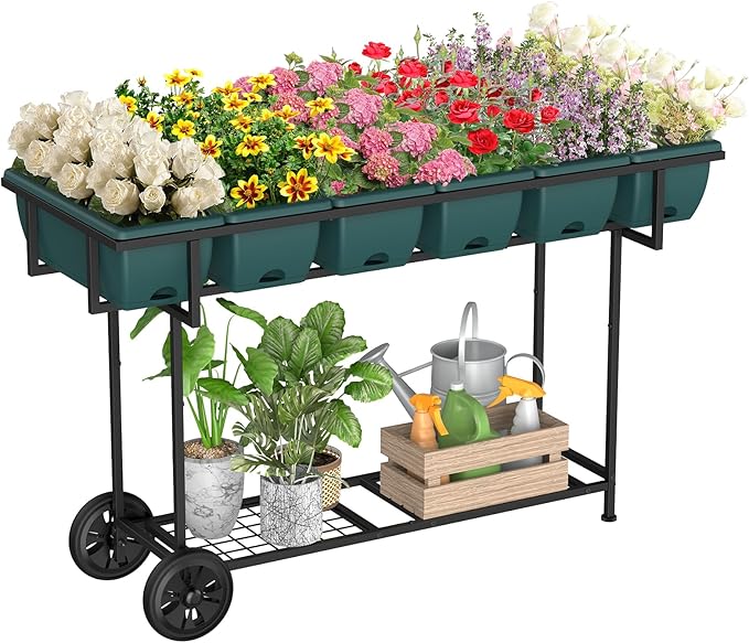 YBING Elevated Raised Garden Bed with Legs Outdoor Mobile Herb Garden Planter with Storage Shelf 6 Pocket Patio Raised Planter Boxes on Wheels Elevated Flower Bed 42x17x30in Green