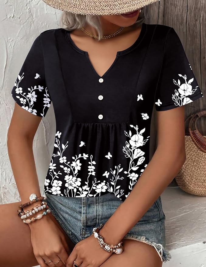 Zeagoo Womens Short Sleeve Tops Summer Henley V-Neck Tshirts Casual Pleated Blouse Dressy Loose Floral Basic Tee