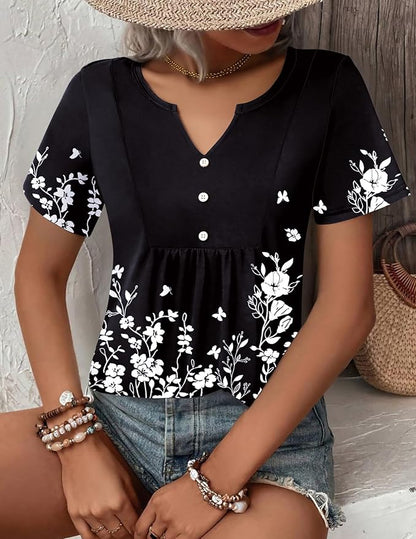 Zeagoo Womens Short Sleeve Tops Summer Henley V-Neck Tshirts Casual Pleated Blouse Dressy Loose Floral Basic Tee