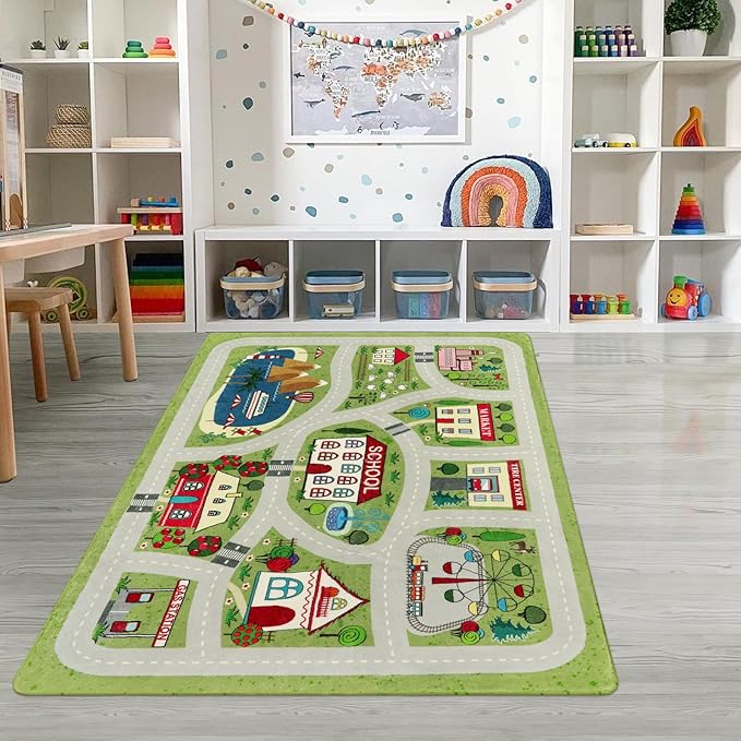 LIVEBOX Green Kids Playroom Rug, 5'x7' Washable Road Rug for Kids Room, Non-Slip Soft Car Rug Play Mat for Baby Nursery, Large City Traffic Rug Classroom for Boys Girls Dorm Toy Room Tent