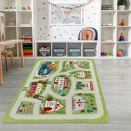LIVEBOX Green Kids Playroom Rug, 5'x7' Washable Road Rug for Kids Room, Non-Slip Soft Car Rug Play Mat for Baby Nursery, Large City Traffic Rug Classroom for Boys Girls Dorm Toy Room Tent