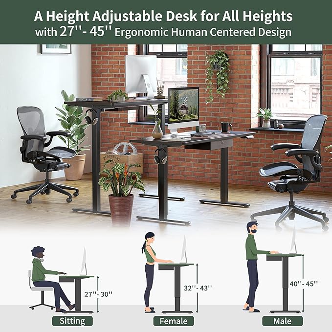 FEZIBO 63 x 24 Inches Standing Desk with Drawer, Adjustable Height Electric Stand up Desk with Storage, Sit Stand Home Office Desk, Ergonomic Computer Desk, Black