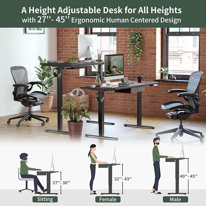 FEZIBO 55x 24 Inches Standing Desk with Drawer, Adjustable Height Electric Stand up Desk with Storage, Sit Stand Home Office Desk, Ergonomic Computer Desk, Black