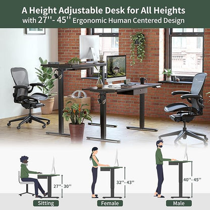 FEZIBO 55x 24 Inches Standing Desk with Drawer, Adjustable Height Electric Stand up Desk with Storage, Sit Stand Home Office Desk, Ergonomic Computer Desk, Black