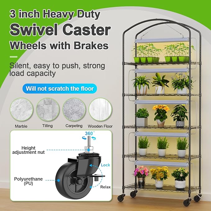 Abimars 5-Tier Greenhouse with Grow Light, Shelf Height Adjustable Metal Plant Shelf with PVC Cover and Wheels, Includes 5-Pack 2900K Full Spectrum Plant Lights, 13x29x73inch