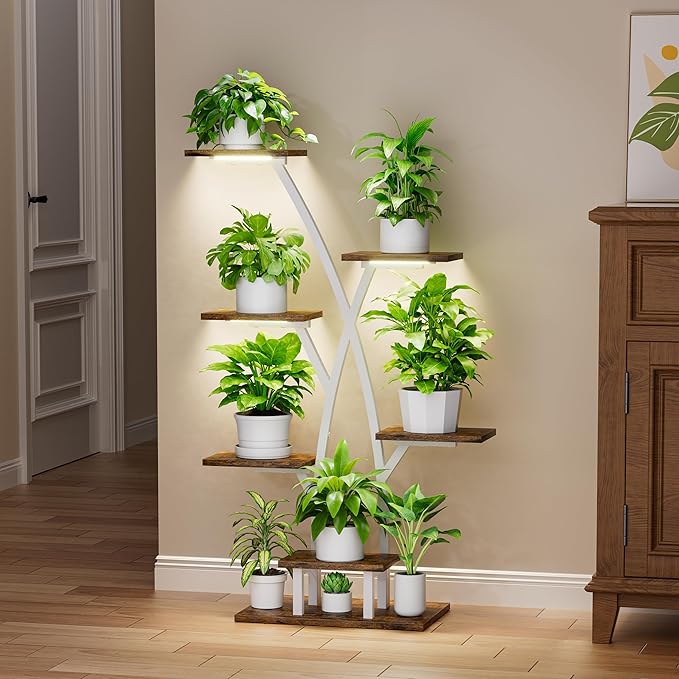 Plant Stand Indoor with Grow Lights - 7 Tiered Plant Shelf Indoor, Corner Plant Stands for Indoor Plants Multiple, 42" Metal Plant Shelves, Plant Flower Holder Display Rack for Home Patio Balcony White
