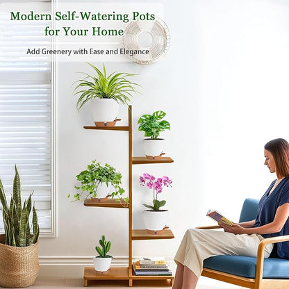 Self Watering Pots for Inoor Ourdoor Plants 8/7/6.5/6/5 Inch Plastic Planters with Drainage Holes & Water Level Indicator, Decorative House Flower Nursery Planting Pots with Saucers (White)