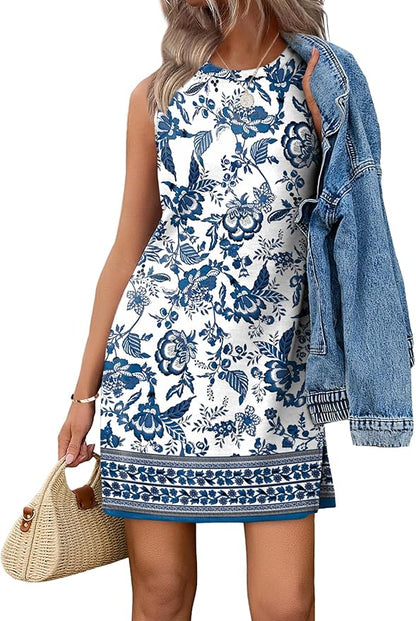 WIHOLL Casual Dresses for Women Crewneck Sleeveless Tank Dress Summer Spring Boho Vacation Clothes