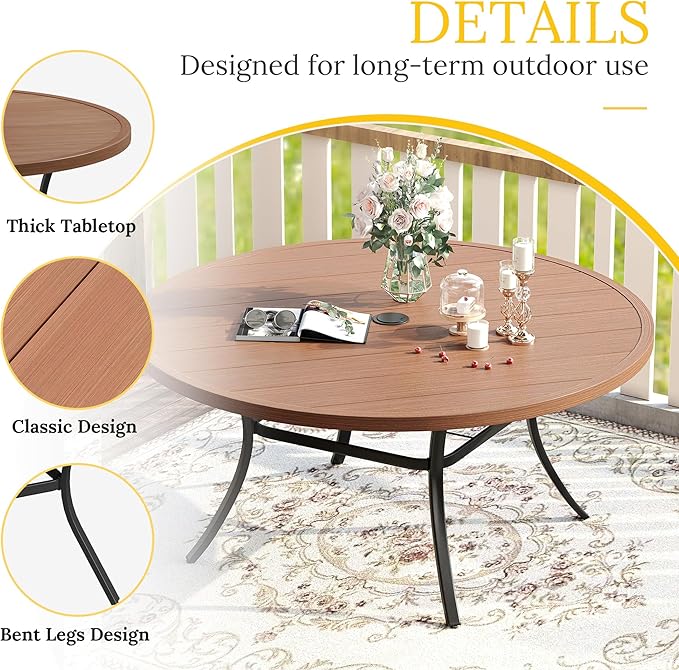 VICLLAX 60" Outdoor Round Patio Table for Lawn Garden, All Weather Metal Round Patio Dining Table with Adjustable Umbrella Hole, Oudoor Table for 8-10 Person, Walnut Wood-Like Tabletop