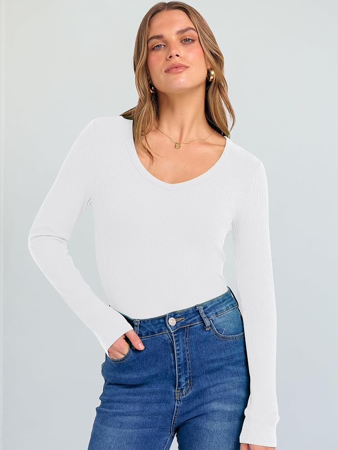 ANRABESS Long Sleeve V Neck Shirts for Women | Soft Comfy Ribbed Knit Fitted Tshirts, Casual Going Out Tops, 2026 Trendy Basic, Fall Winter Underscrub Layering Clothes