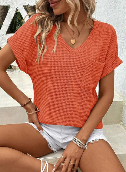 Dokotoo Womens Waffle Knit Tops 2026 Spring Summer V Neck Shirts Casual Trendy Women's Blouses Basic Tee