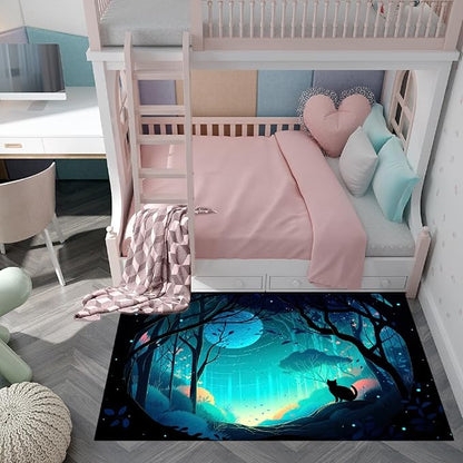 Cat Rug - Magic Black Cat Rug for Home Decor Moon Black Cat Rug for Boys Room Cat Door Mats Outdoor Entrance Forestscape Cat Rug, 4x5 Feet