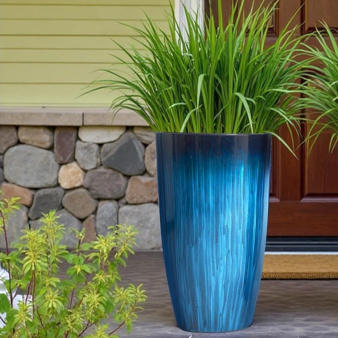 Worth Garden 20" H. Large Plastic Planters - Set of 2 Gradient Blue Glossy Smooth Finish - Tall Plant Pots for Indoor & Outdoor Use - Decorative Lightweight Flower Pots for Front Porch, Patio, Deck