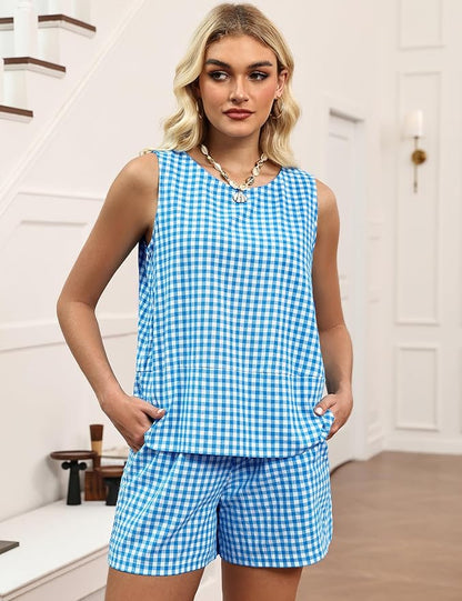 LOMON Women's Trendy 2 Piece Outfits Shorts Sets Summer Crew Neck Sleeveless Tank Top and Bottom Matching with Pockets 2026