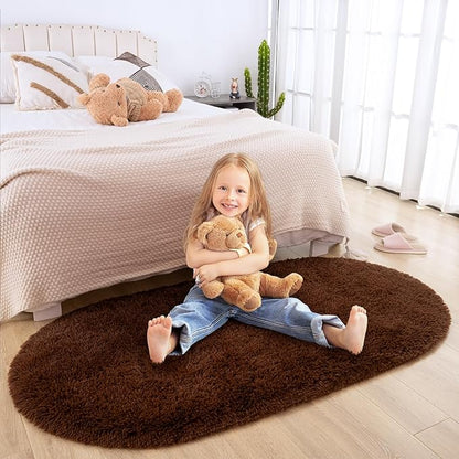 Merelax Soft Shaggy Rug for Kids Bedroom Oval 2.6'x5.3' Brown Plush Fluffy Carpet for Living Room, Furry Carpet for Teen Girls Room, Anti-skid Fuzzy Comfy Rug for Nursery Decor Cute Baby Play Mat