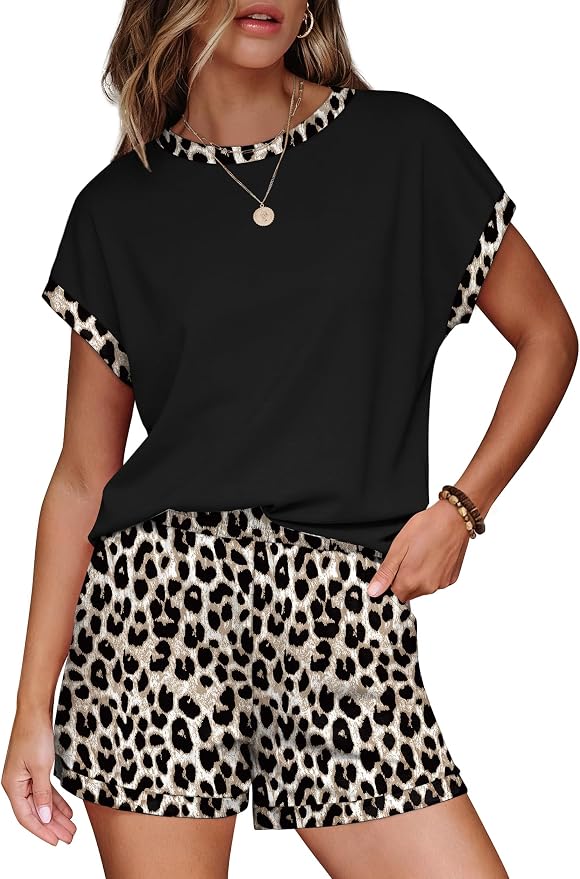WIHOLL Two Piece Sets for Women Summer Lounge Short Sets Cap Sleeve Crew Neck Sweatsuit with Pocket XS-2XL