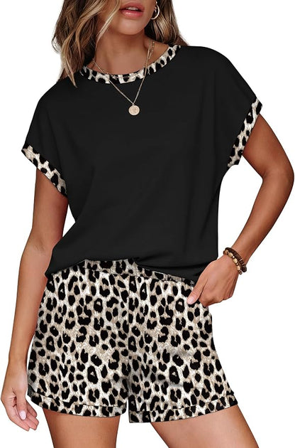 WIHOLL Two Piece Sets for Women Summer Lounge Short Sets Cap Sleeve Crew Neck Sweatsuit with Pocket XS-2XL