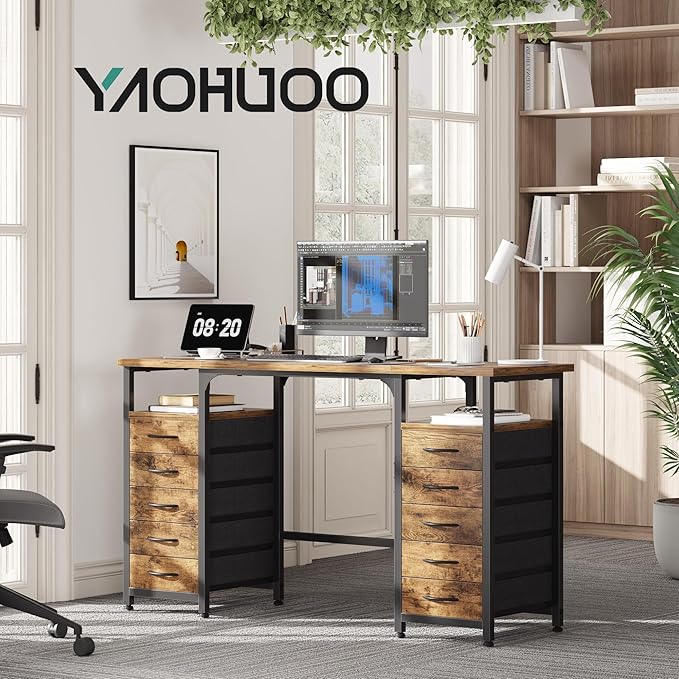 Desk with 10 Fabric Drawers Classified Organizer - 55"/140 Office Desks with Ample Storage, Computer Work Desk Study Writing Table Workstation for Home Office Space Brown