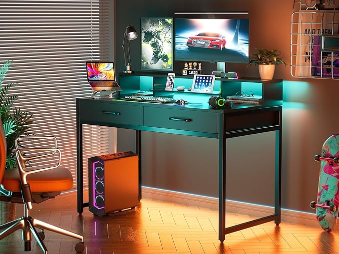 Computer Desk with Drawers, 47" Home Office Desk with Monitor Shelf, Writing Desk with Storage, Gaming Desk Work Desk Study Desk for Bedroom, Black