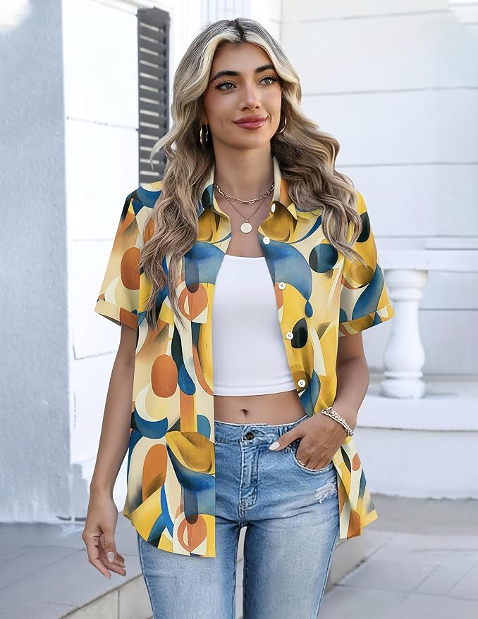 Zeagoo Button Down Shirts for Women Short Sleeve Collared Tops Dressy Casual V Neck Blouses