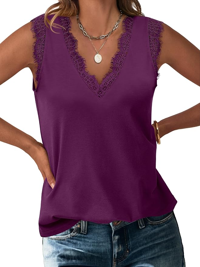 ANRABESS Womens Lace Trim Tank Tops V Neck Sleeveless Shirts 2026 Summer Casual Trendy Dressy Cami Top
